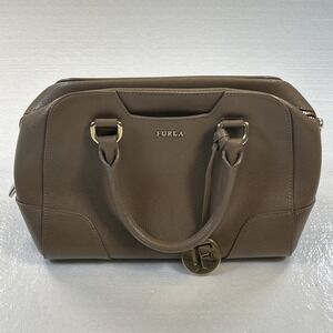 Furla Dolly Beige Taupe Saffiano Pebbled Leather Satchel Hand Bag With Strap